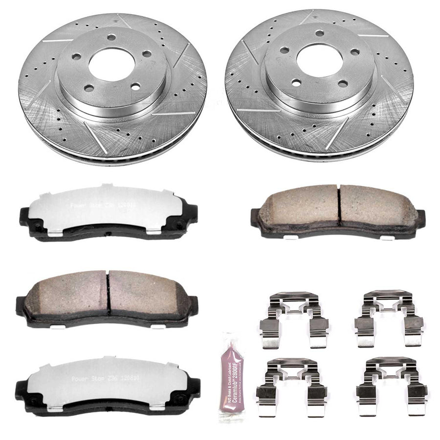 Power Stop Front Brake Kit For 2005 2006 Chevrolet Equinox - 2006 Pontiac Torrent Truck & Tow Carbon Fiber Ceramic Brake Pads & Drilled and Slotted Rotors Replacement, K1576-36