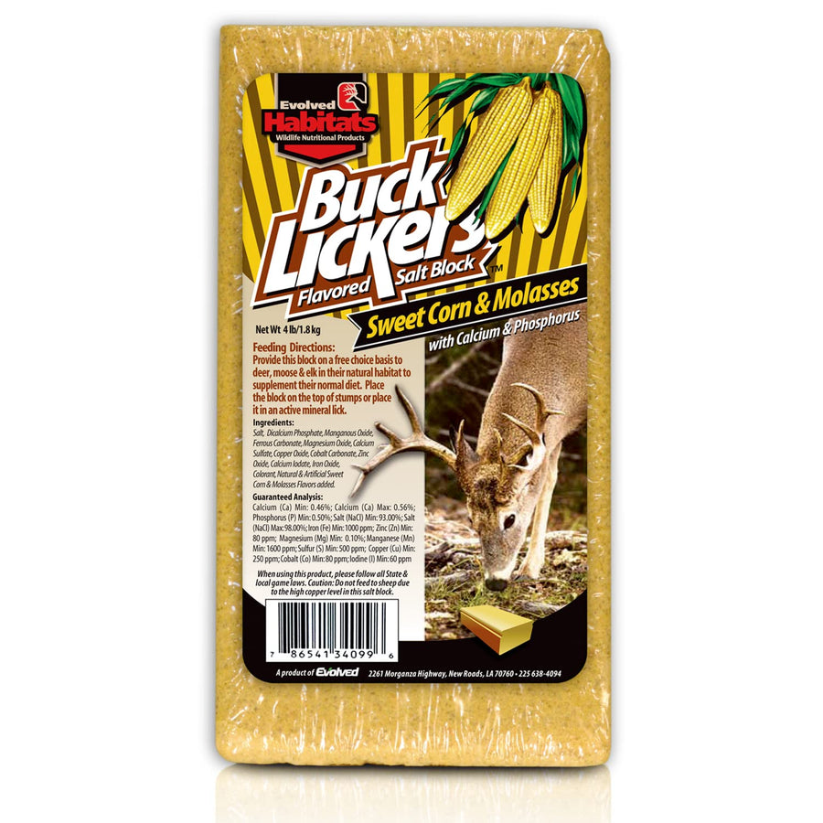 Buck Lickers EVOLVED HABITATS Sweet Corn & Molasses Flavored Salt Block 4 Lbs Mineral Deer Attractant - Ready & Easy to Use Time-Release All Year-Round Food Supplement for Deer, Elk & Moose