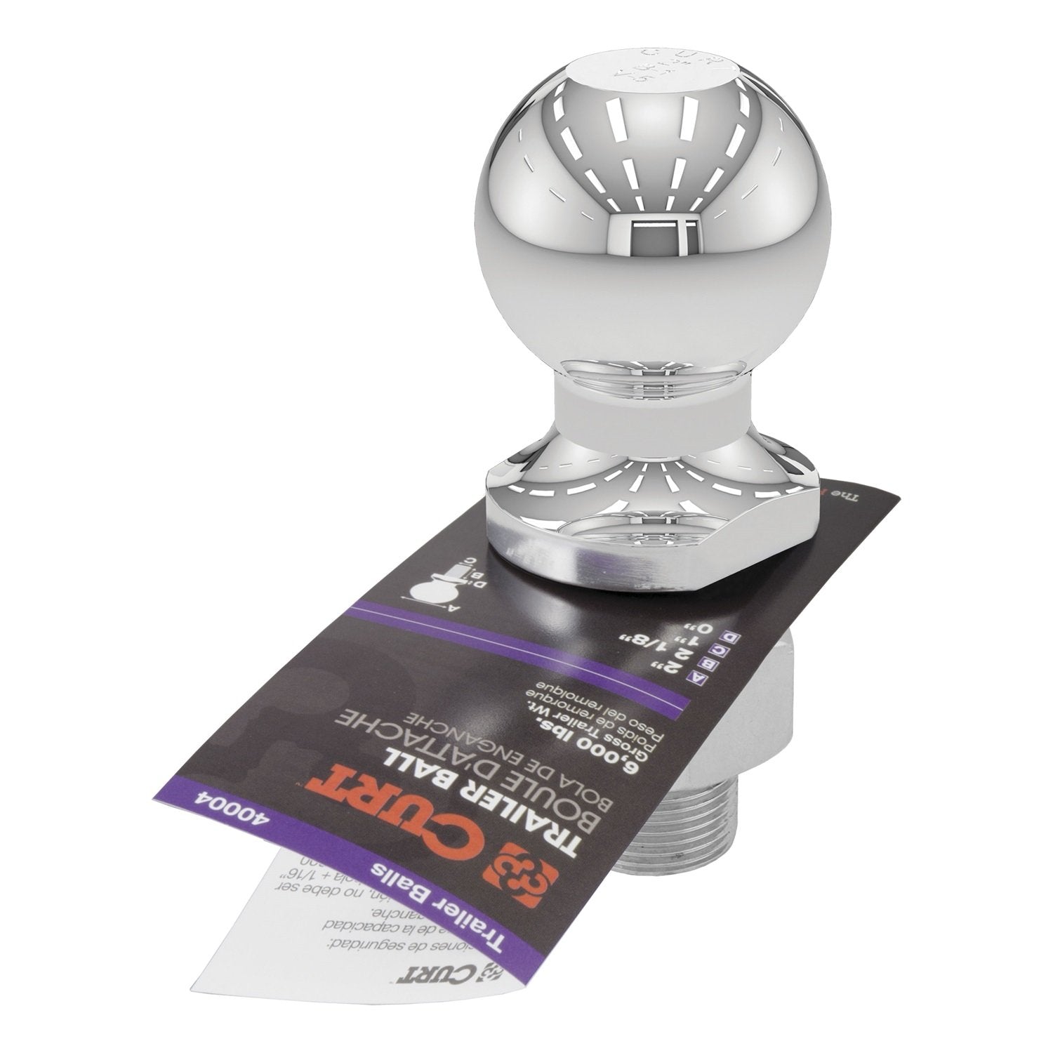 CURT 40004 Trailer Hitch Ball Chrome, 6,000 lbs, 2-Inch Diameter, 1 x 2-1/8-Inch Shank