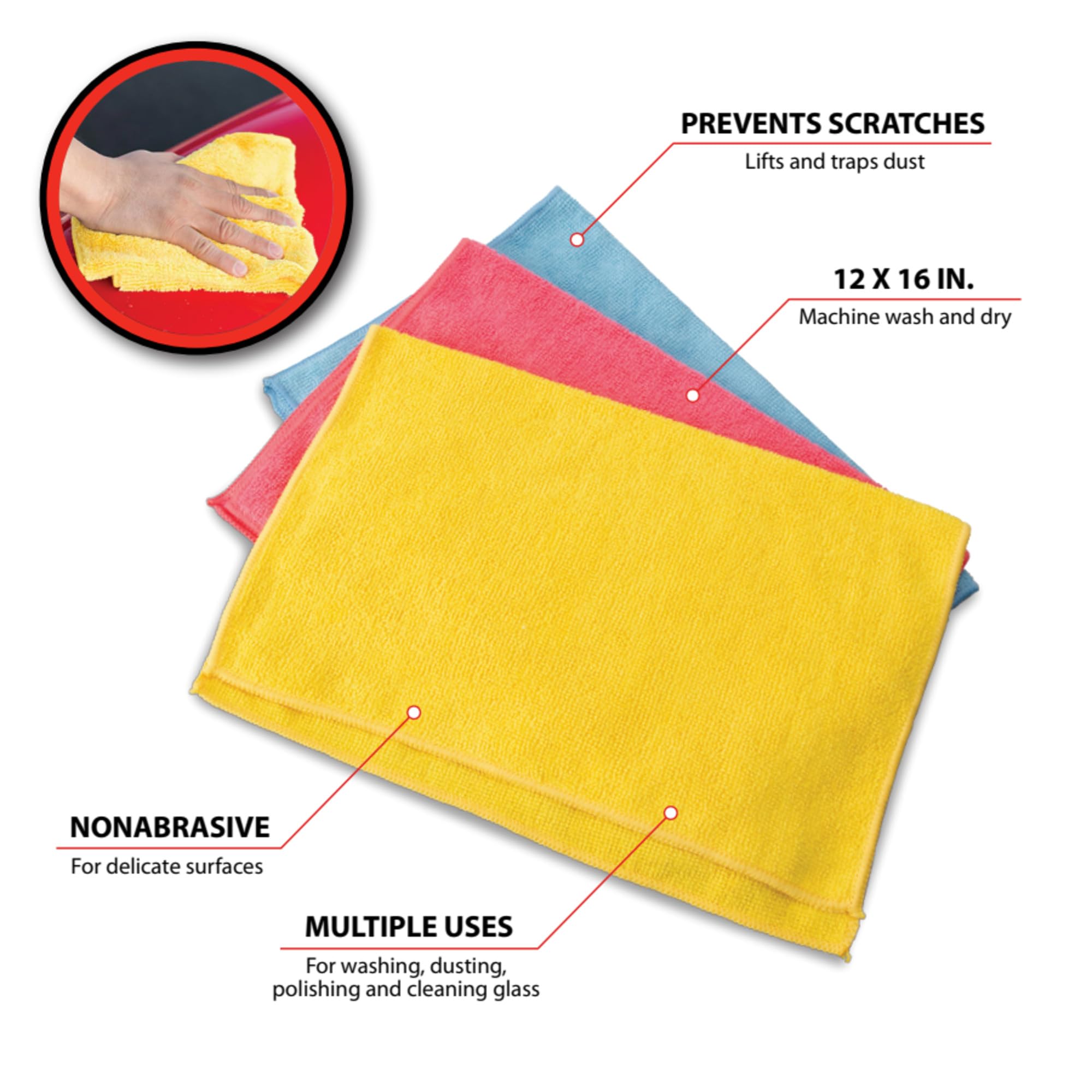 12 Pack Performance Tool W1482 Microfiber Towels, 12 x 16 Inches (30cm x 40 cm), Textured, Nonabrasive, Machine Wash and Dry, for Detailing, Washing, Dusting, Polishing, and Wiping Glass