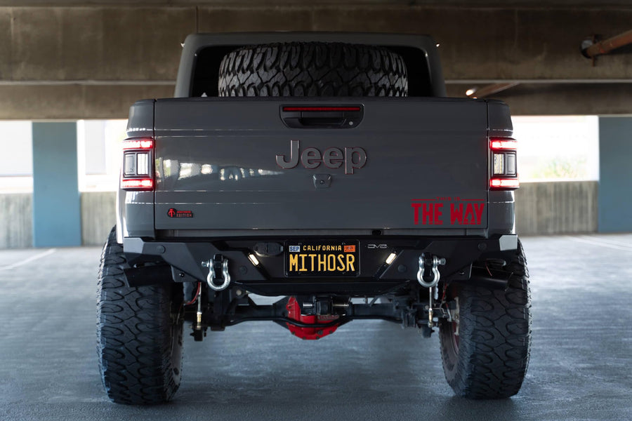FS-15 Series DV8 Offroad Rear Bumper for the 2020-2025 Jeep Gladiator JT | 1” Thick Mounts for ¾” D-Ring Shackles with ⅞” Pins | Mount for OEM Trailer Wiring Harness & Connector