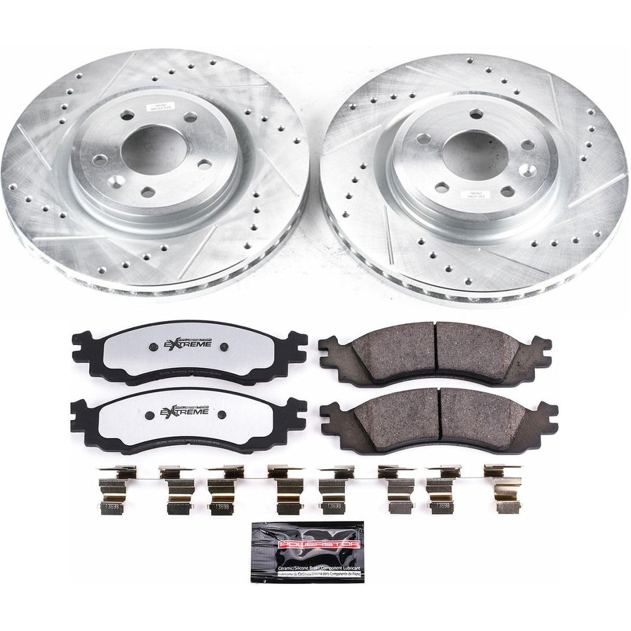 Front Brake Kit Power Stop For 2010 Ford Taurus - Truck & Tow Carbon Fiber Ceramic Brake Pads & Drilled and Slotted Rotors Replacement, K5507-36