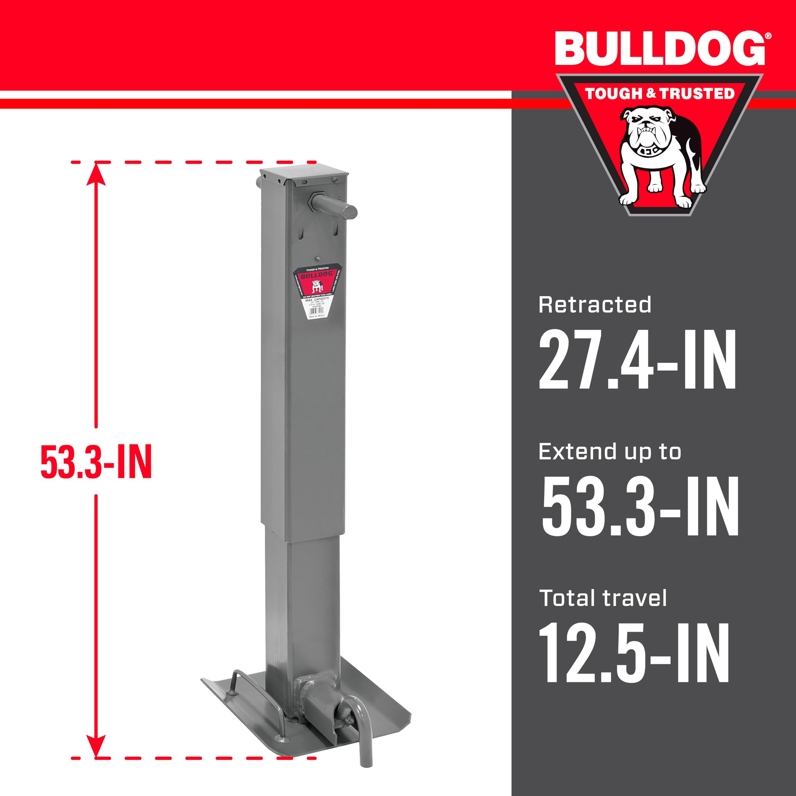 Bulldog HD 182400 Square Trailer Jack, 12,000 lbs. Support Capacity, Sidewind, 12-1/2 Inch Travel, Non-Spring Return, Drop Leg Pull Pin to The Side, No Handle