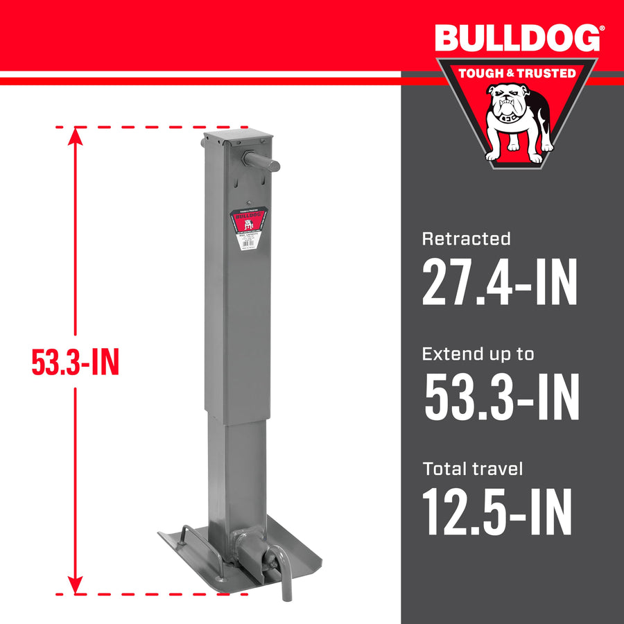Bulldog HD 182400 Square Trailer Jack, 12,000 lbs. Support Capacity, Sidewind, 12-1/2 Inch Travel, Non-Spring Return, Drop Leg Pull Pin to The Side, No Handle