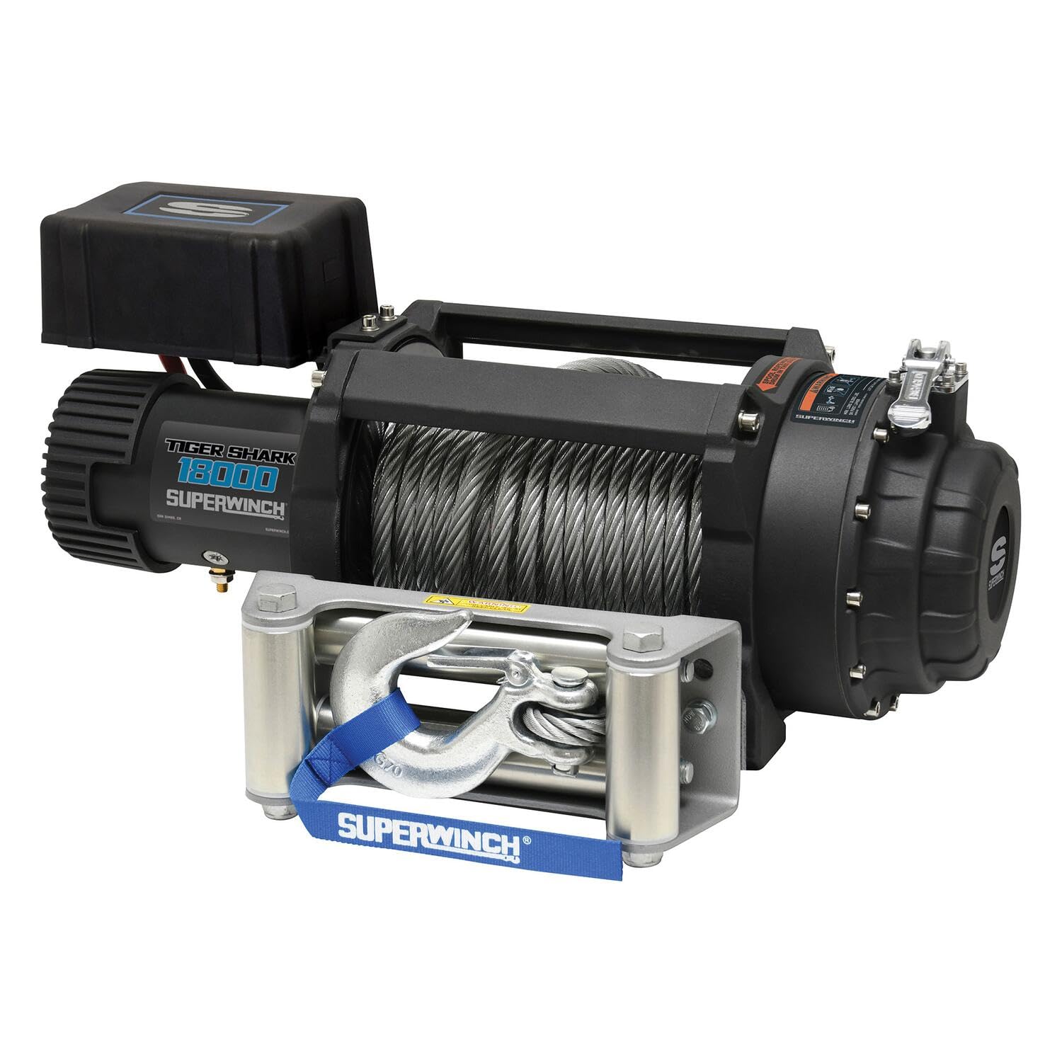 Tiger Shark Superwinch 1518000 18000 12V DC Winch 18,000lb/8165kg Single Line Pull with Roller Fairlead, 29/64" x 80' Steel Wire Rope, Corded Handheld Remote