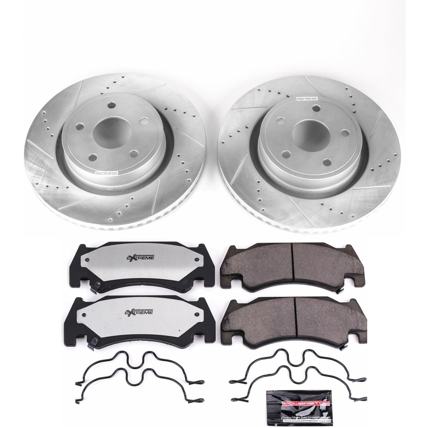 Front Brake Kit Power Stop For 2005 2006 Dodge Ram 1500 - Truck & Tow Carbon Fiber Ceramic Brake Pads & Drilled and Slotted Rotors Replacement, K2194-36