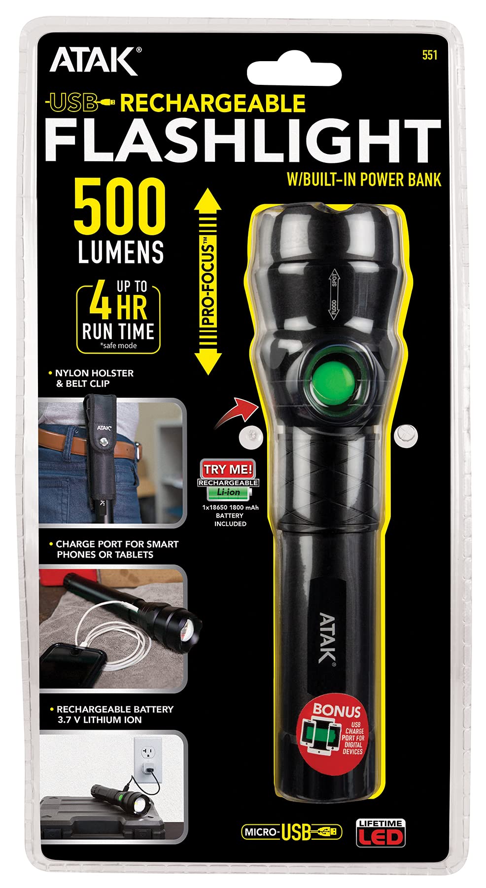 Black Performance Tool 551 Pro-Focus 500 lumens LED Lithium-Ion Rechargeable Flashlight, 500 lumens Flashlight Rechargeable