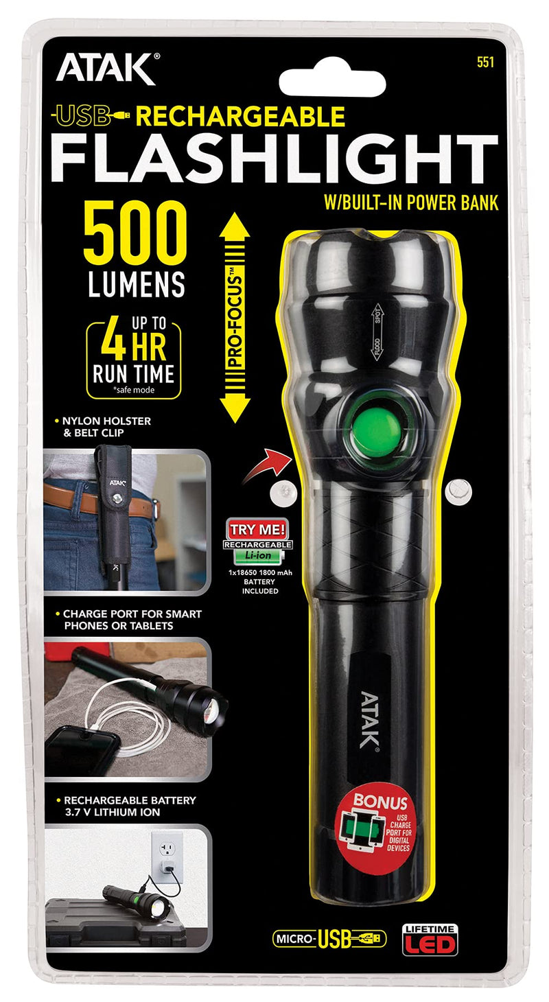 Black Performance Tool 551 Pro-Focus 500 lumens LED Lithium-Ion Rechargeable Flashlight, 500 lumens Flashlight Rechargeable