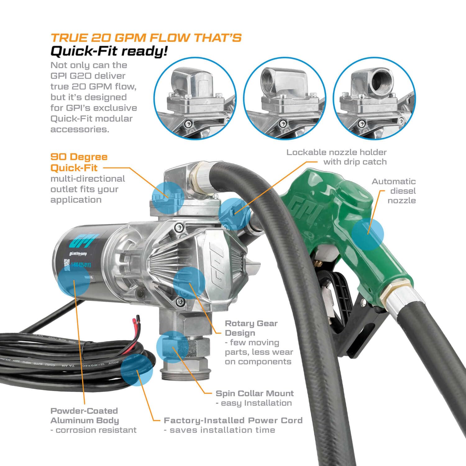 G20 Fuel Transfer Pump - GPI with Automatic Shut-off Nozzle, 20 GPM, 12 Volt (162000-03)