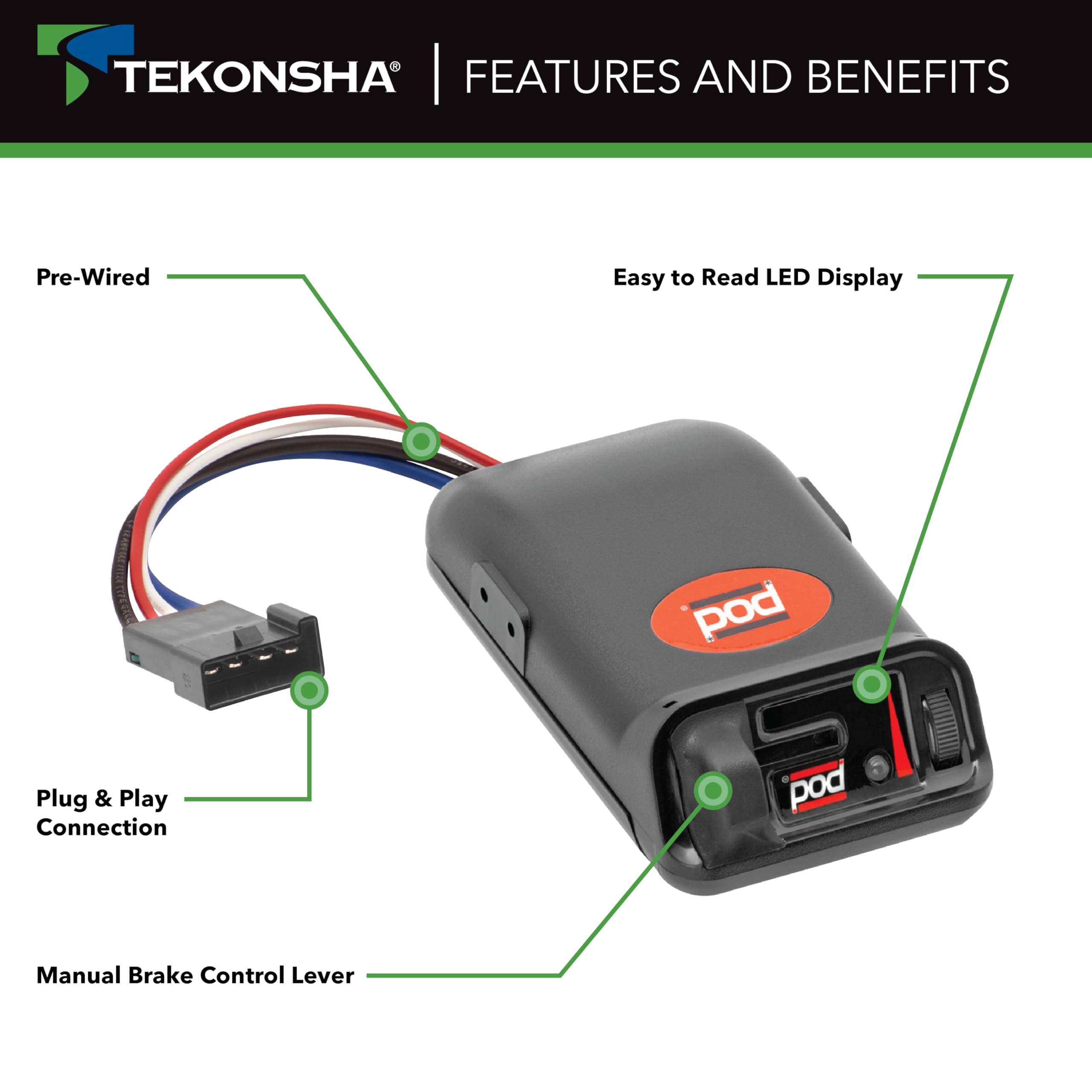 POD Trailer Time-Delay Electric Brake Controller Pro Series 80500 for Trailers with 1-2 Axles, Compatible with Ford, GM, Chevy, Dodge, RAM, Toyota, Jeep, and More with 2 and 4 Brakes