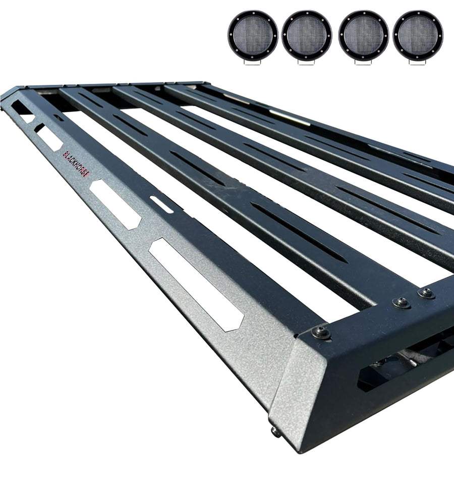 Black Horse Armour II Basket Incl. Set of 5.3" Dia. Led Lights w/Black Trim Rings Compatible Black with 14-22 Silverado 1500|14-22 Sierra 1500|15-22 Ford F-150|15-22 Ram 1500|07-24 Toyota Tundra