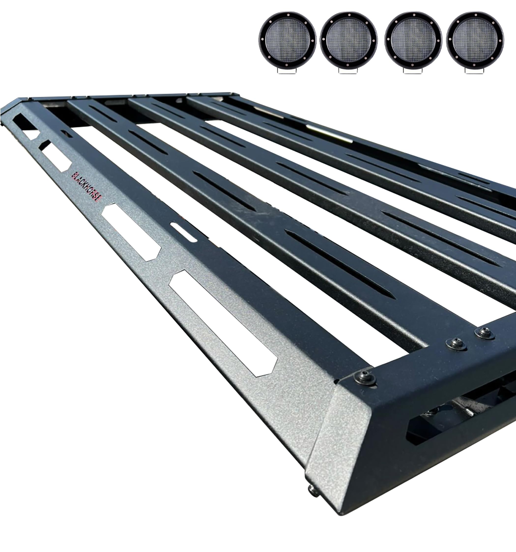 Black Horse II Armour Basket Incl. Set of 5.3" Dia.LED Lights w/Black Trim Rings Black Compatible with 05-24 Tacoma|15-24 Chevrolet Colorado|15-24 GMC Canyon|19-24 Ford Ranger|05-21 Nissan Frontier