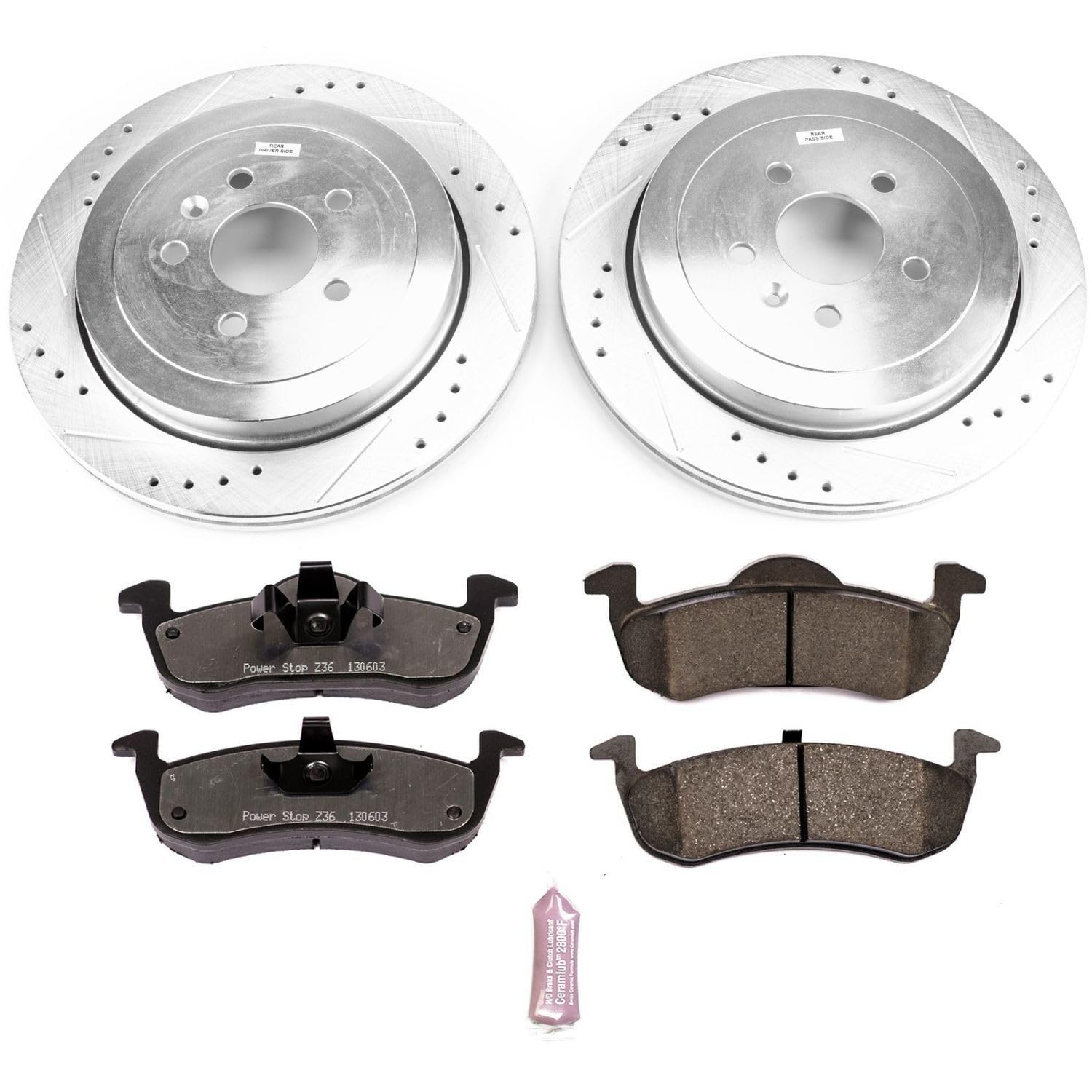 Rear Brake Kit Power Stop For 2013 2014 2015 2016 2017 2018 2019 Lincoln MKT - Truck & Tow Carbon Fiber Ceramic Brake Pads & Drilled and Slotted Rotors Replacement, K6819-36