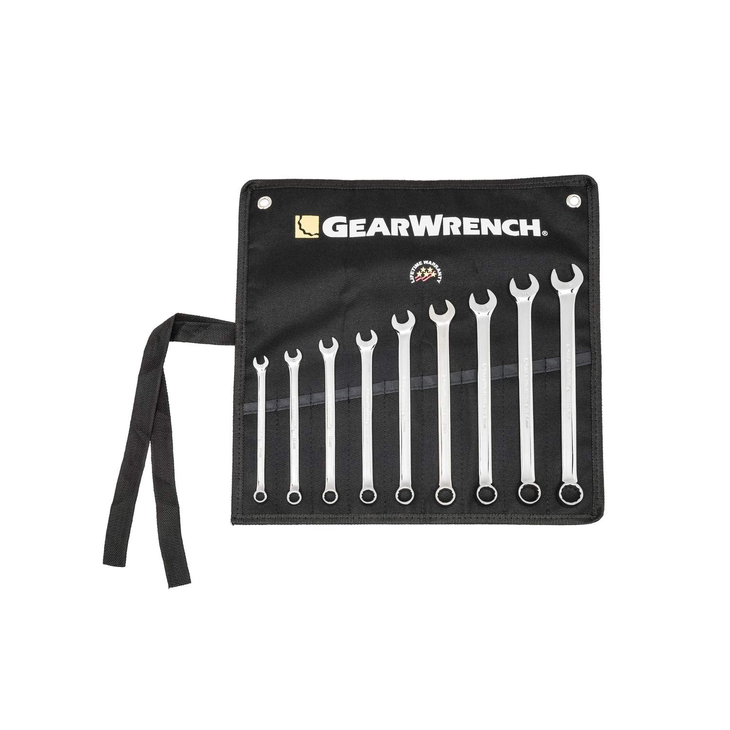 Long Pattern GEARWRENCH Combination Metric Wrench Set with Tool Roll 9 Pc., 12 Point - 81932