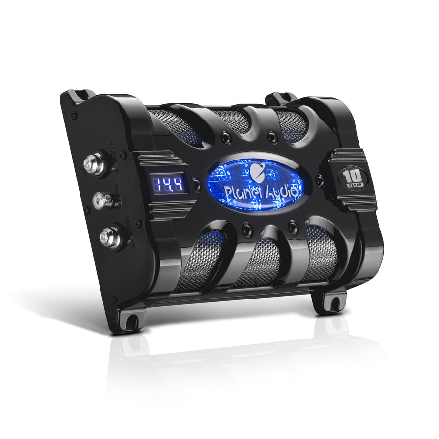 Planet Audio Car Capacitor PC10F - 10 Farad, Energy Storage, Enhance Bass from Stereo, Warning Tones, LED Voltage Meter