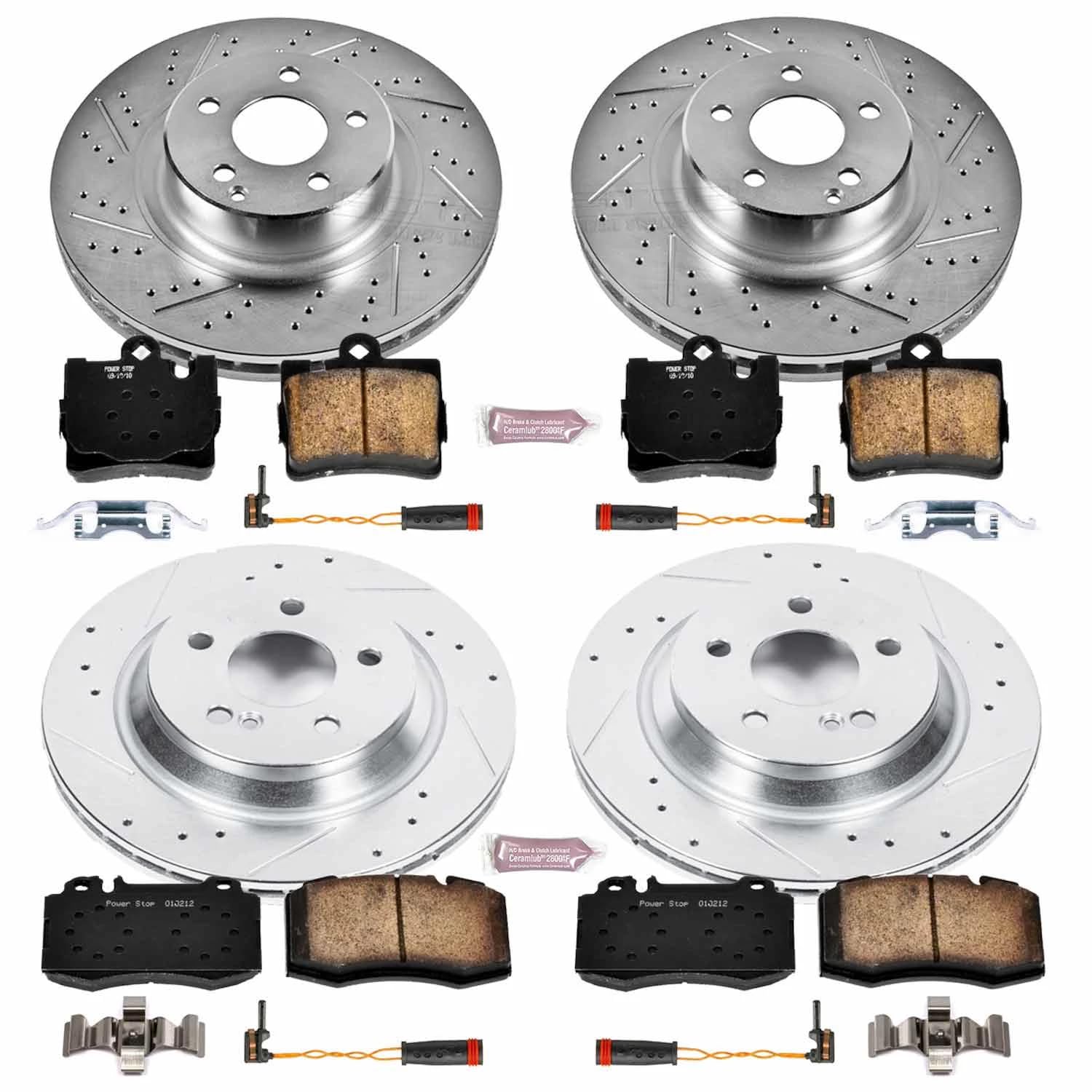 Power Stop K4455 Z23 Carbon Fiber Brake Pads Front and Rear with Drilled & Slotted Brake Rotors Kit and 2 Front & 2 Rear Sensor Wires For Mercedes-Benz S430, Mercedes-Benz S500 [Model Specific]