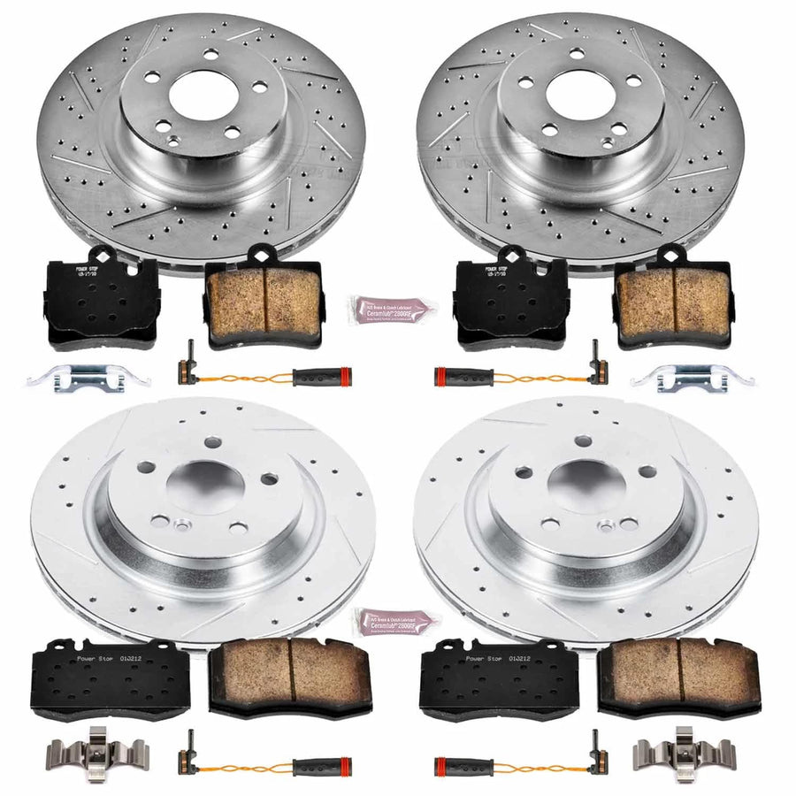 Power Stop K4455 Z23 Carbon Fiber Brake Pads Front and Rear with Drilled & Slotted Brake Rotors Kit and 2 Front & 2 Rear Sensor Wires For Mercedes-Benz S430, Mercedes-Benz S500 [Model Specific]