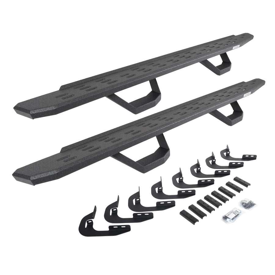 Go Rhino Running Boards RB30, Brackets, & 2 Pair of Drop Steps | Protective Bedliner Coating | 6960588020T | Fits 2014-2018 Chevrolet Silverado/GMC Sierra 1500 Double Cab (See Description)