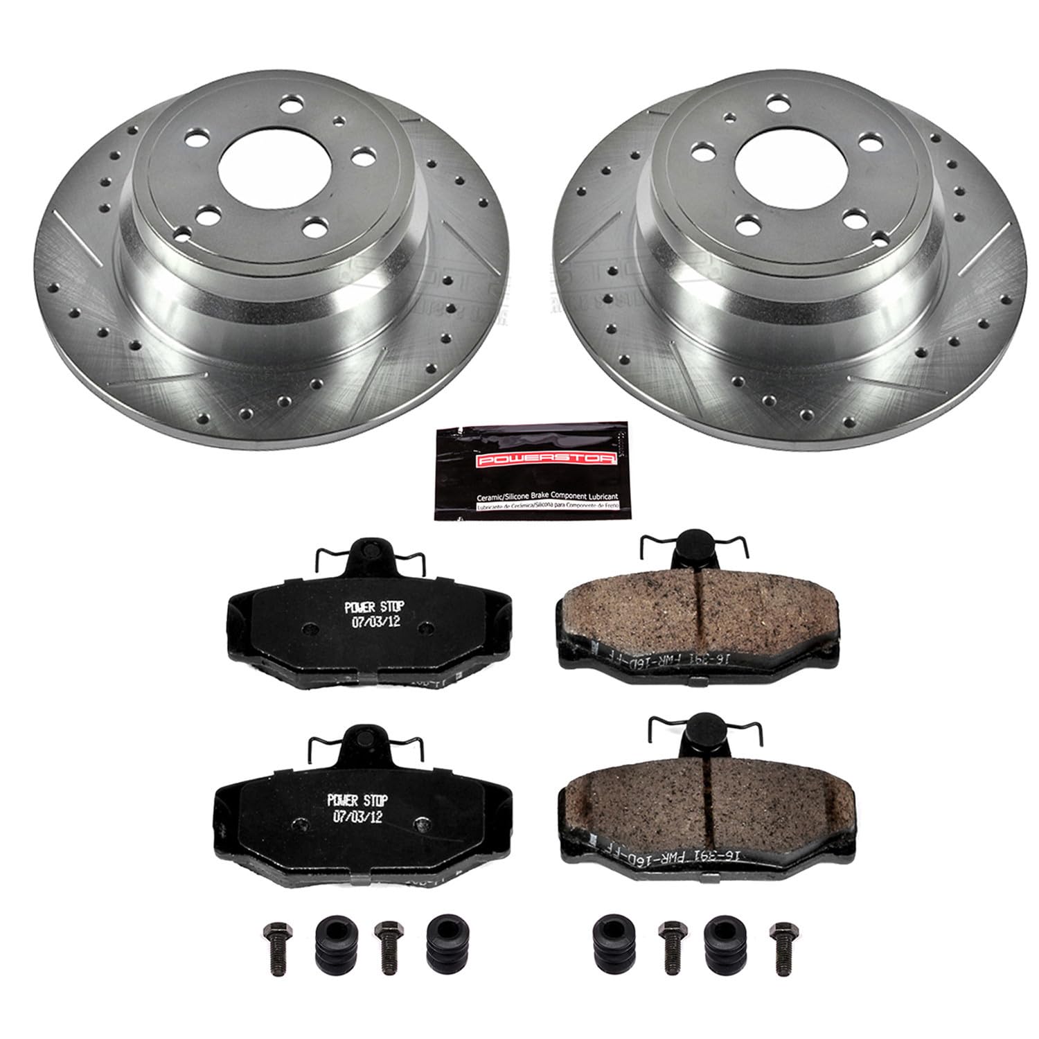 Power Stop K7499 Rear Brake Pads Z23 Carbon Fiber with Drilled & Slotted Brake Rotors Kit For Volvo 850 1997 [Model Specific]