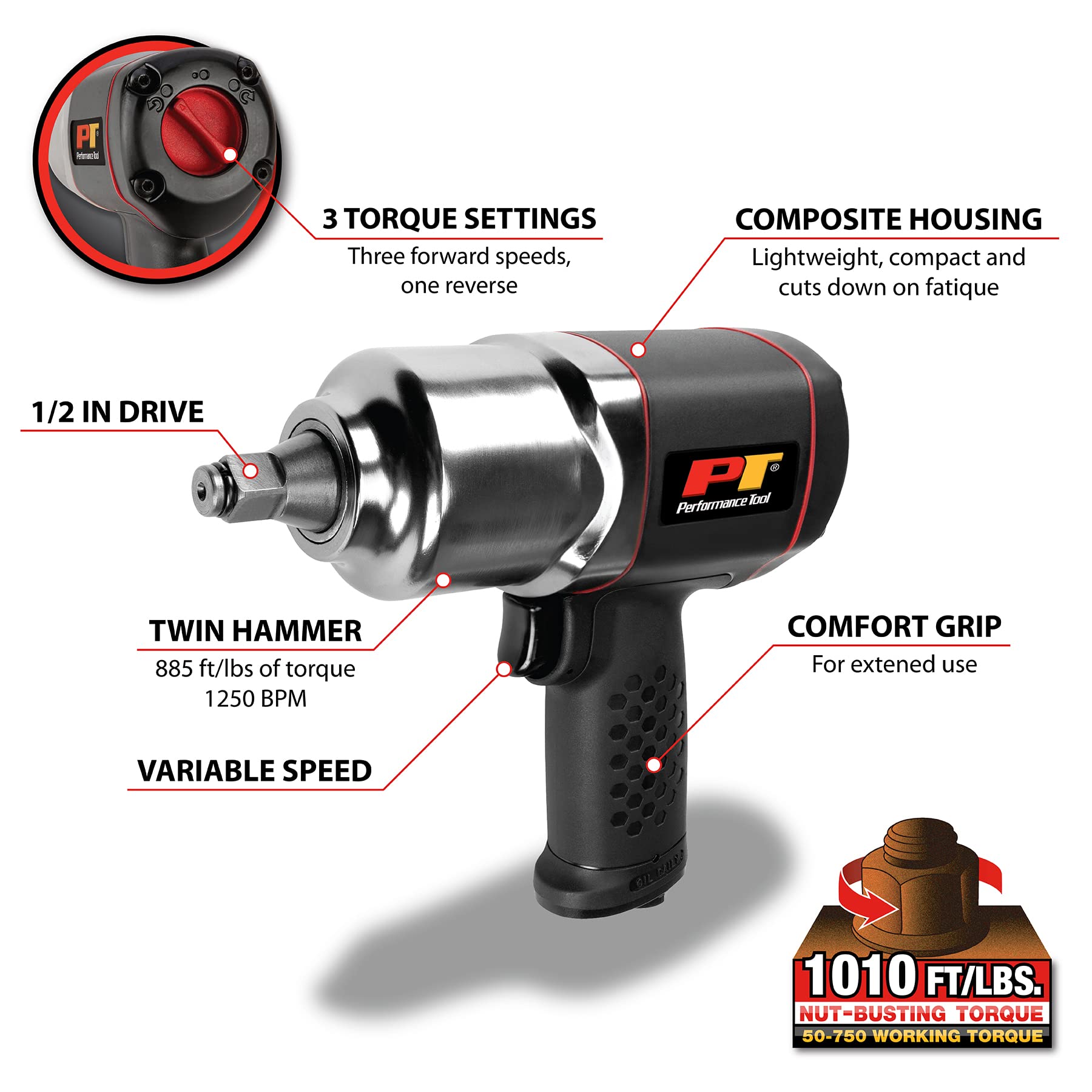 M631 Performance Tool 1/2-Inch Composite Impact Wrench - Powerful and Lightweight Air Tool for Professional Mechanics and DIY Enthusiasts