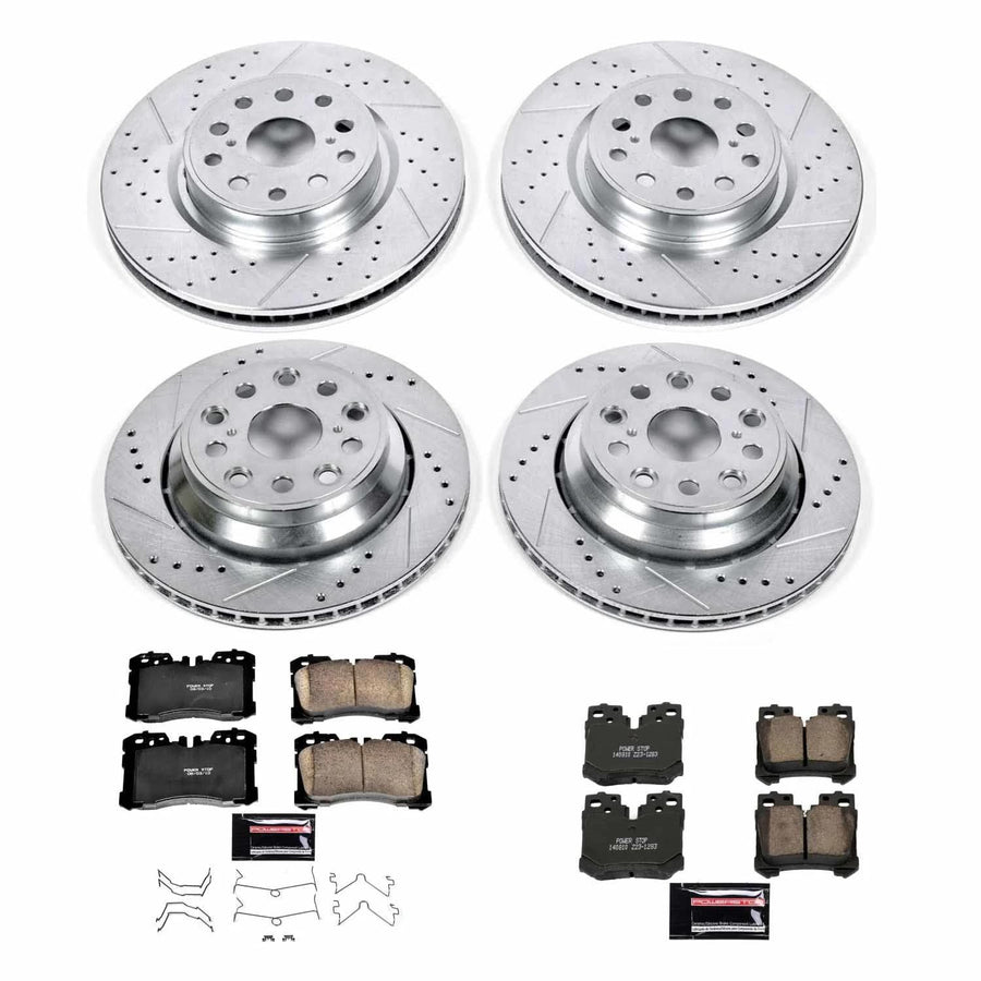 Power Stop K5825 Z23 Carbon Fiber Brake Pads Front and Rear with Drilled & Slotted Brake Rotors Kit and 2 Front & 2 Rear Sensor Wires For Lexus LS460 2010-2017 [Model Specific]