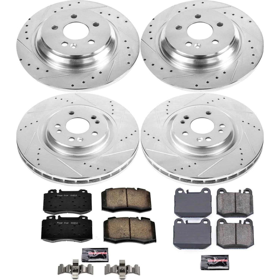 Power Stop K4463 Z23 Carbon Fiber Brake Pads Front and Rear with Drilled & Slotted Brake Rotors Kit and 2 Front & 2 Rear Sensor Wires For ML430, ML500, ML55 AMG [Model Specific]