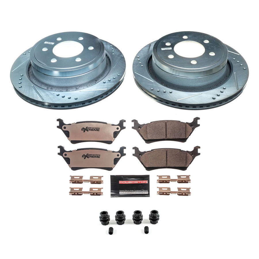 Brake Kit Power Stop For 2012-2018 Ford F-150 6 Lug - Rear Truck & Tow Carbon Fiber Ceramic Brake Pads and Drilled and Slotted Brake Rotor Replacement, K6271-36