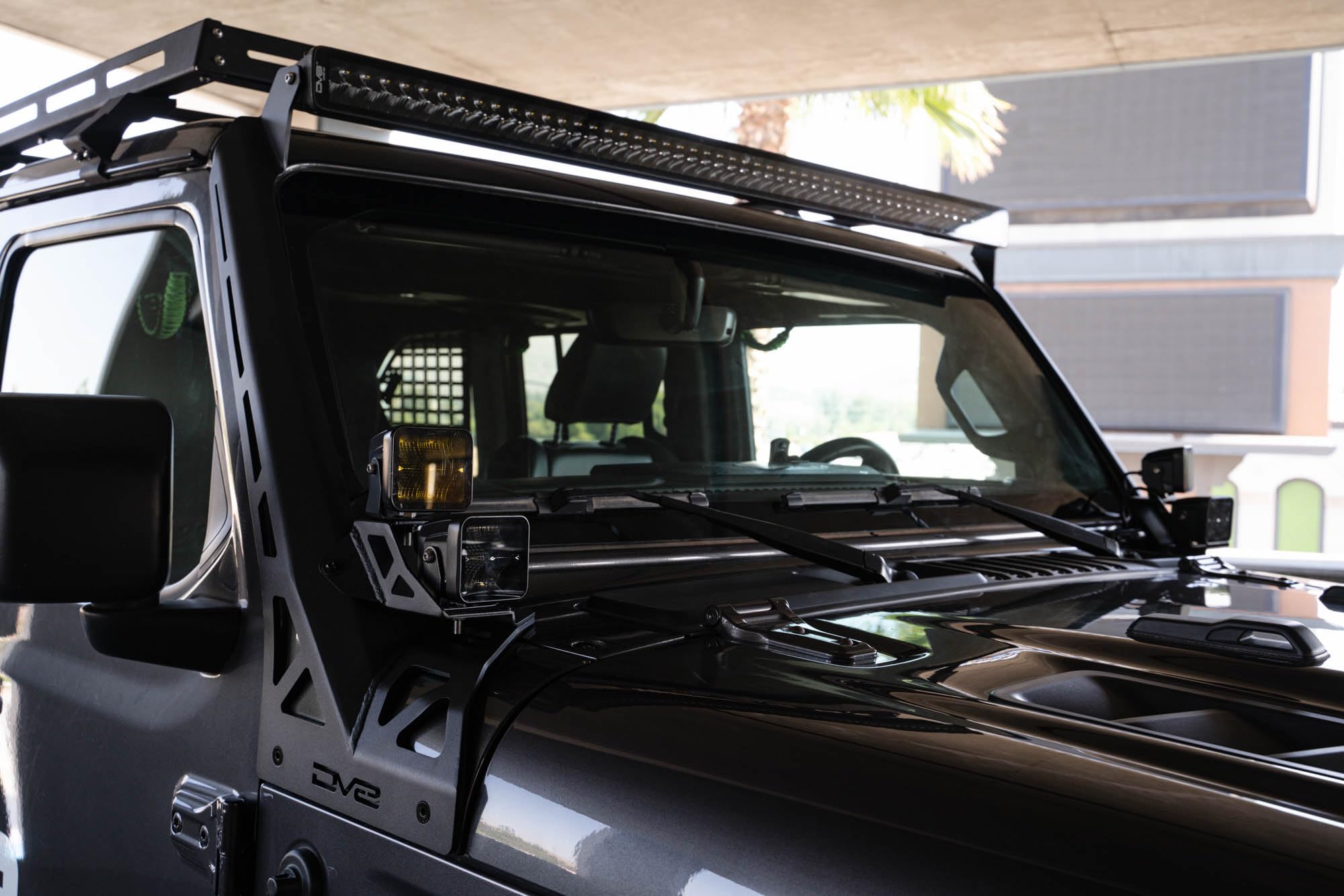 50" DV8 Offroad Light Bar Mount for 2018-2025 Jeep Wrangler JL & 2020-2025 Gladiator JT | Optional 3" Pod Light Mounts | Sleek Low-Profile Design | Black Powder Coat (A-Pillar Dual Light Pod Mounts)