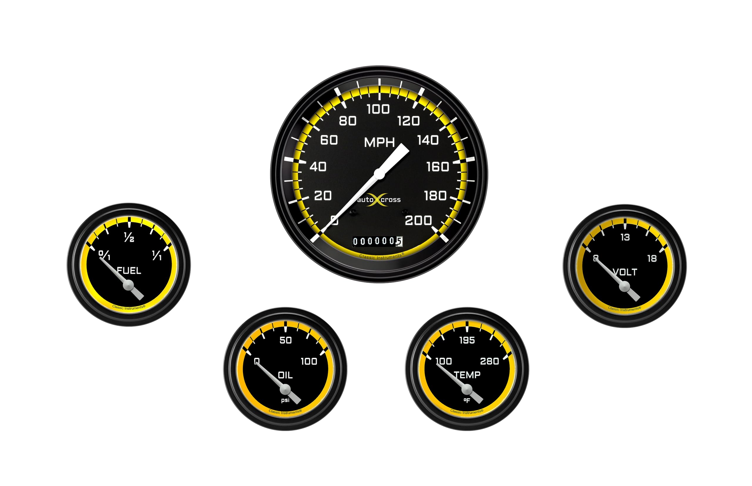 AX254YBLF Classic Instruments Autocross Yellow Short Sweep 5 Gauge Set - GM