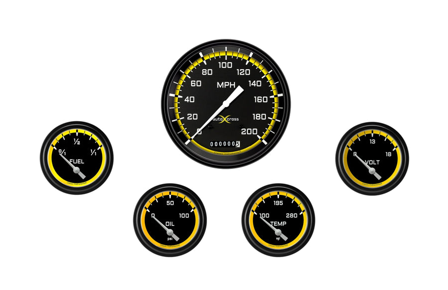 AX254YBLF Classic Instruments Autocross Yellow Short Sweep 5 Gauge Set - GM