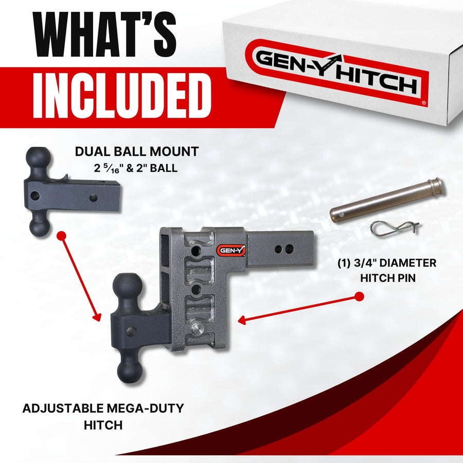 GEN-Y Hitch Tow Hitch - 3" Receiver for 6" Drop/Rise with 3 Adjustable Positions, Includes Dual Ball Mount and Locking Pin, 32,000 lbs Towing Capacity, 3,500 lbs Tongue Weight, Silver