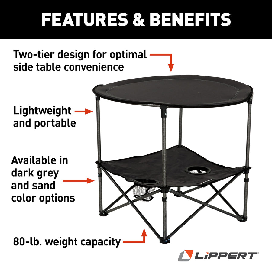 Dark Grey Lippert Two-Tier Folding Camping Table with Dual Cupholders, 600D Polyester Fabric, Powder-Coated Steel Frame, Foldable Design, Lightweight Construction, Zippered Carry Bag - 2023053720