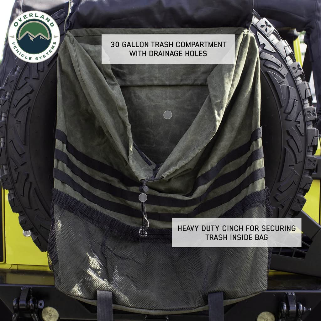 Overland Vehicle Systems Tire Mount Extra Large Trash Bag - #16 Waxed Canvas Universal - Infused with Paraffin Wax Waterproofing - Large Drainage Holes - 30 Gallon Trash Bag Capacity