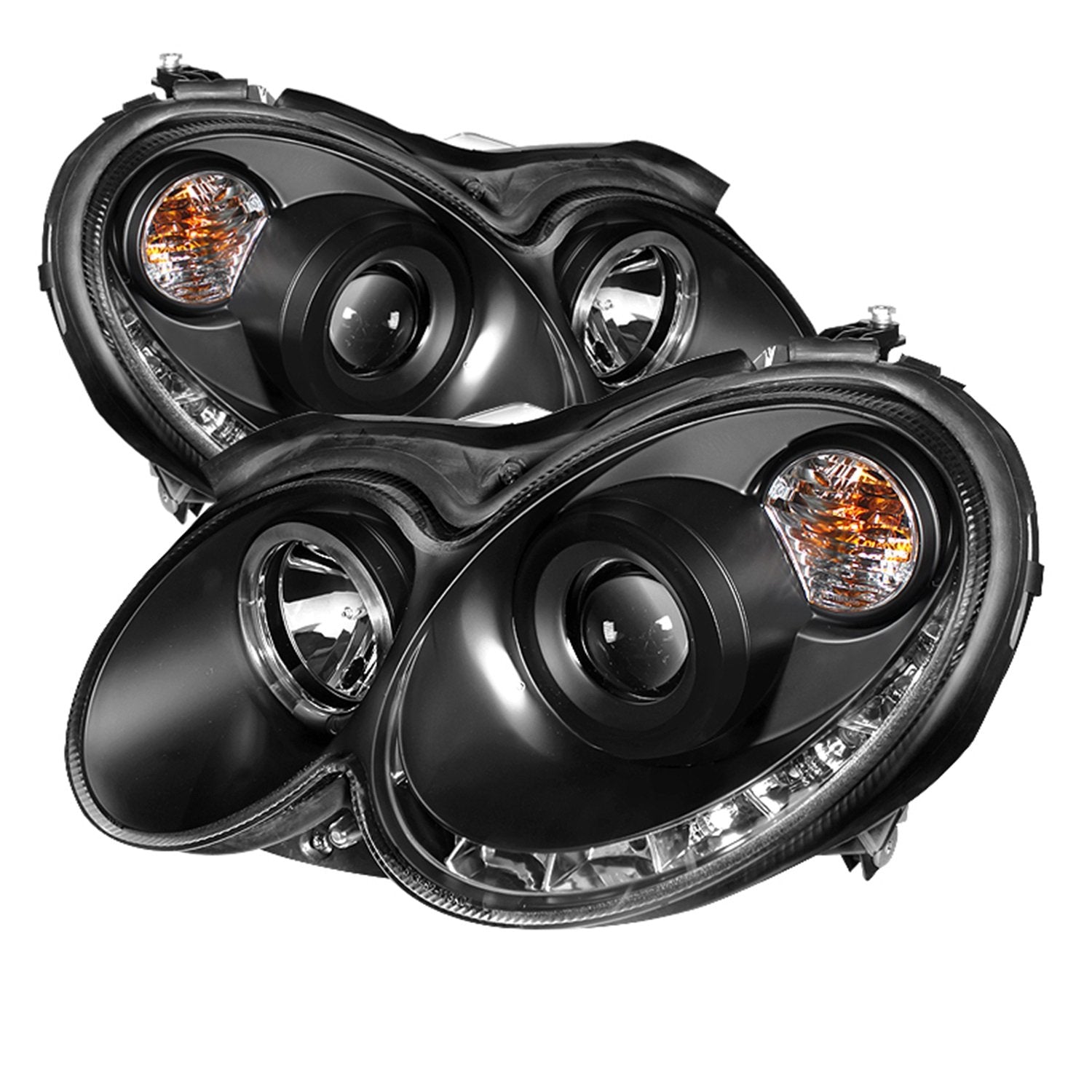Mercedes Benz CLK 03-09 Spyder 5038036 Projector Headlights - Halogen Model Only (Not Compatible With Xenon/HID Model) - LED Halo - DRL - Black - High H1 (Included) - Low H7 (Included)