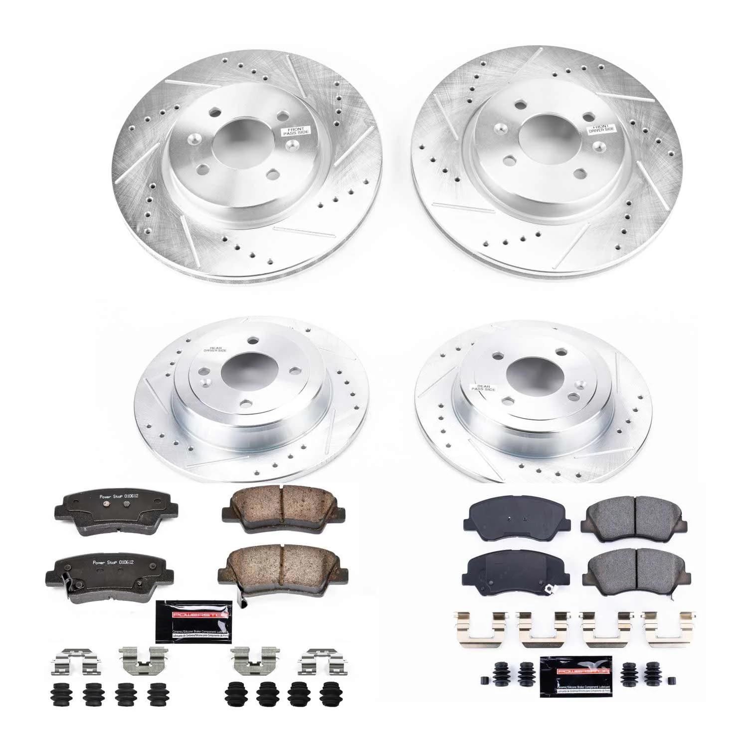 Power Stop K6500 Z23 Carbon Fiber Brake Pads Front and Rear with Drilled & Slotted Brake Rotors Kit For Kia Rio 2012-2017 [Model Specific]