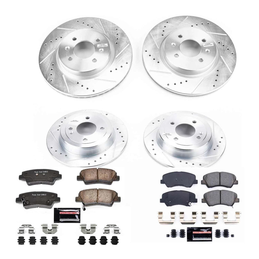 Power Stop K6500 Z23 Carbon Fiber Brake Pads Front and Rear with Drilled & Slotted Brake Rotors Kit For Kia Rio 2012-2017 [Model Specific]