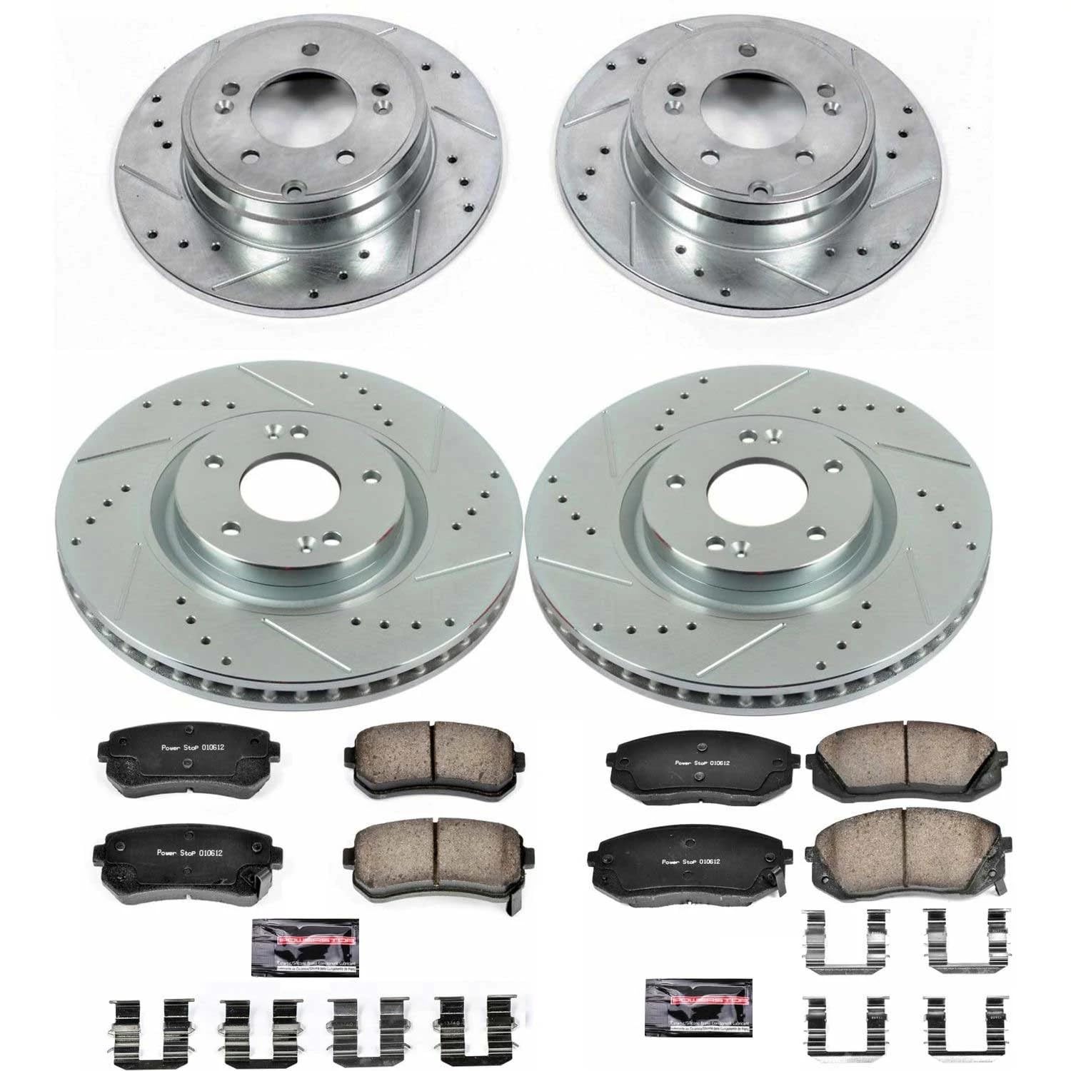 Power Stop K7113 Z23 Carbon Fiber Brake Pads Front and Rear with Drilled & Slotted Brake Rotors Kit
