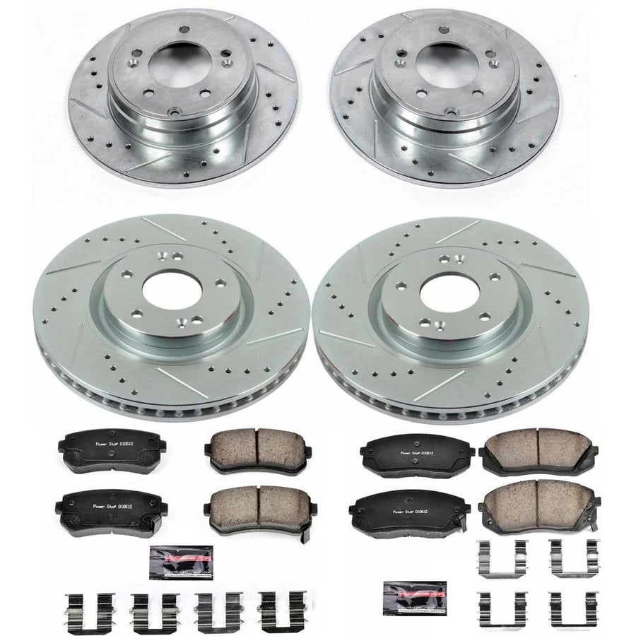 Power Stop K7113 Z23 Carbon Fiber Brake Pads Front and Rear with Drilled & Slotted Brake Rotors Kit