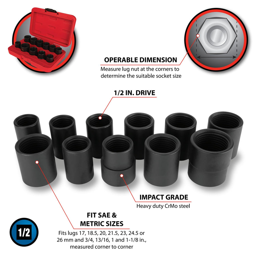M991 Performance Tool 11pc Master Lug Nut Socket Set, Designed to fit Lug Nuts That Measure 17, 18.5, 20, 21.5, 23, 24.5 or 26mm and 3/4, 13/16, 1 and 1-1/8-Inch