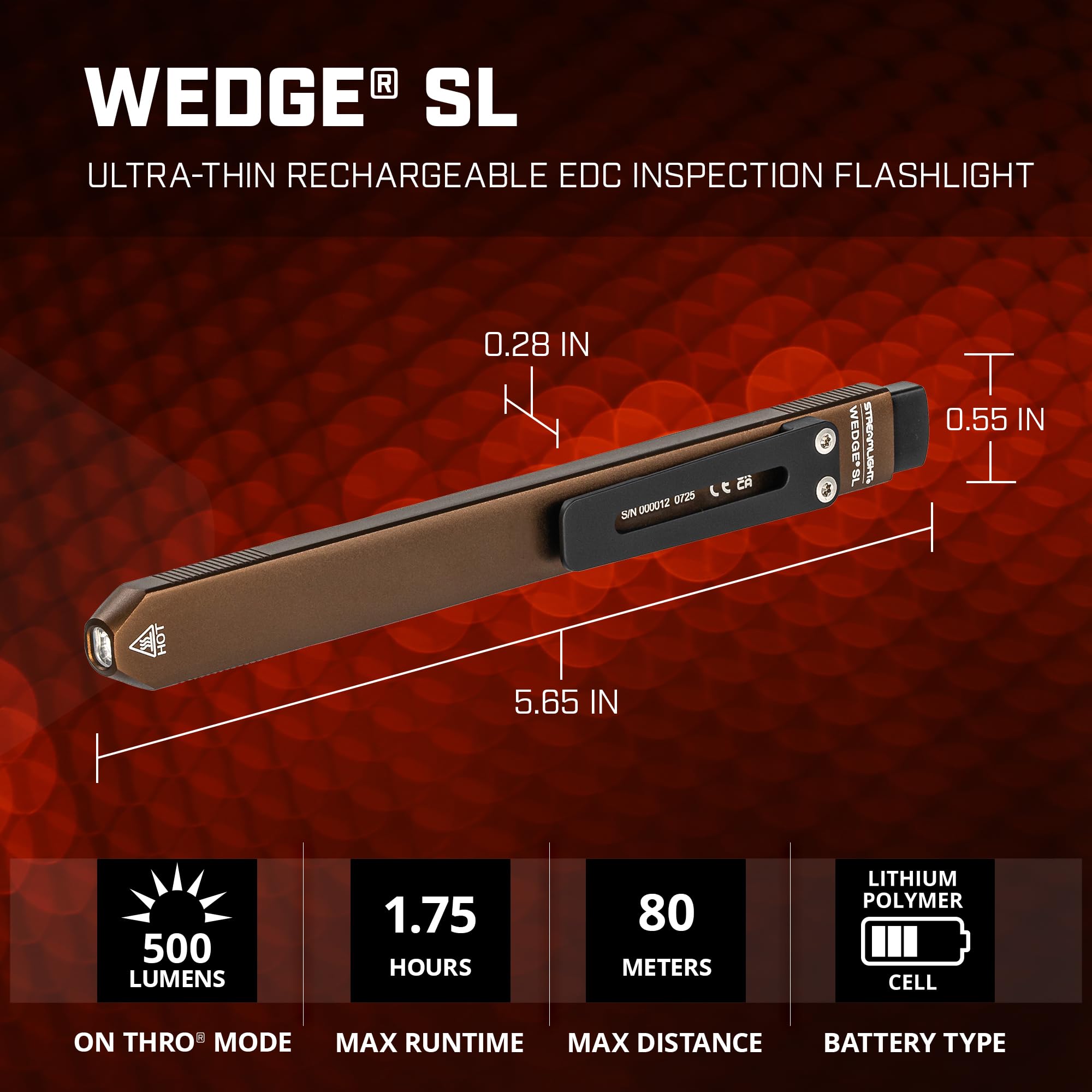 Wedge SL Streamlight 88841 500-Lumen Max 100-Lumen Standard 1,600-Candela Ultra-Thin Rechargeable EDC Inspection LED Flashlight, Coyote