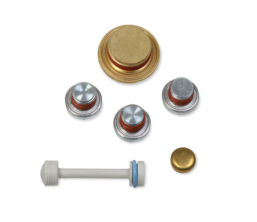 Engine Block Hardware Kit Mr Gasket 61210G 3 Steel Coolant/Oil Plugs w/Sealant 1 Large Brass Plug Coolant Drain 1 Small Brass Plug For Front Of Oil Galley 1 Plastic Oil Galley Plug Engine Kit