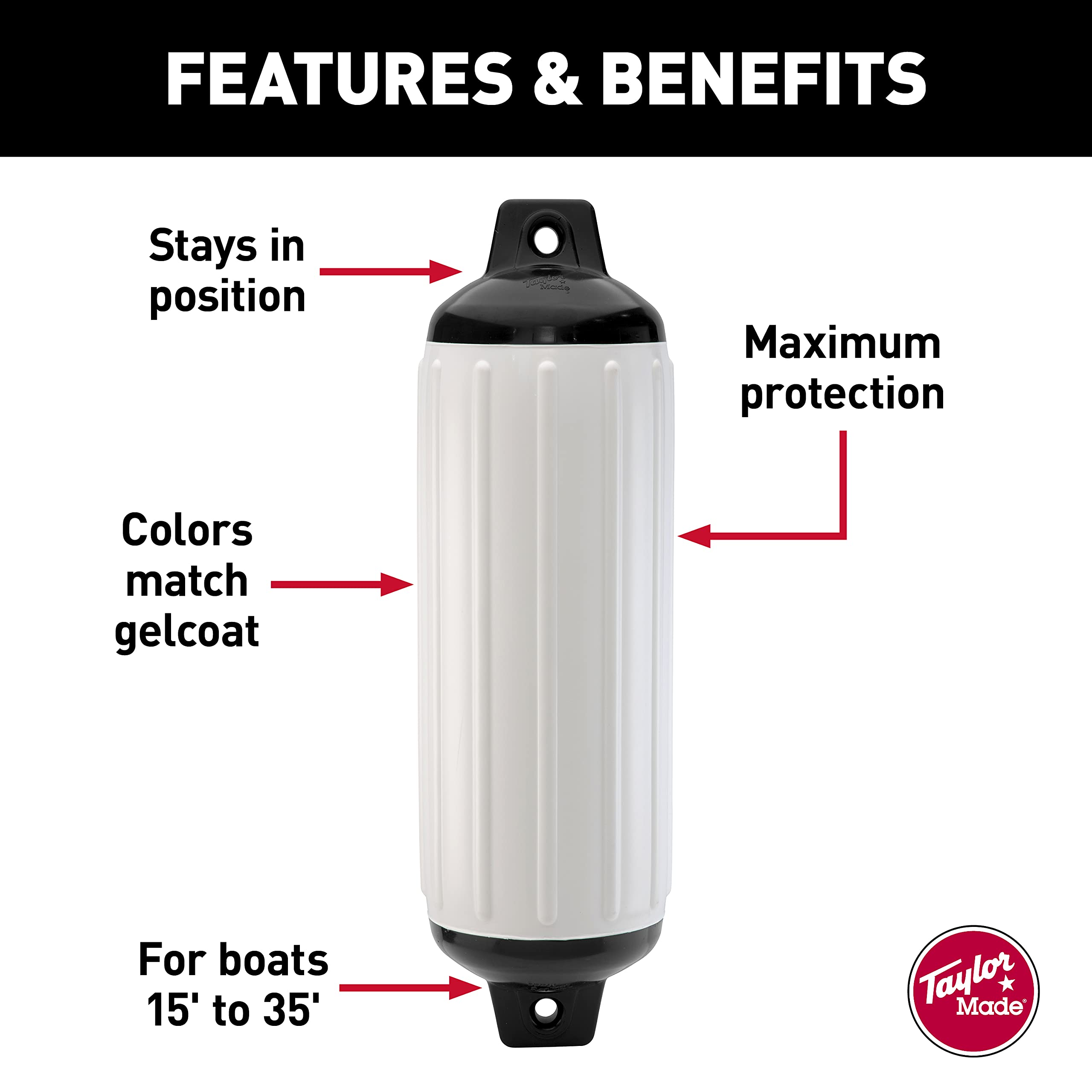 Taylor Made Boat Fender Super Gard, White (10.5" x 30") Double-Molded Ends, Ribbed Technology to Minimize Roll, Rubber Football Needle Inflation Valve, Marine-Grade Vinyl, 5/8" Eyelets - 950128