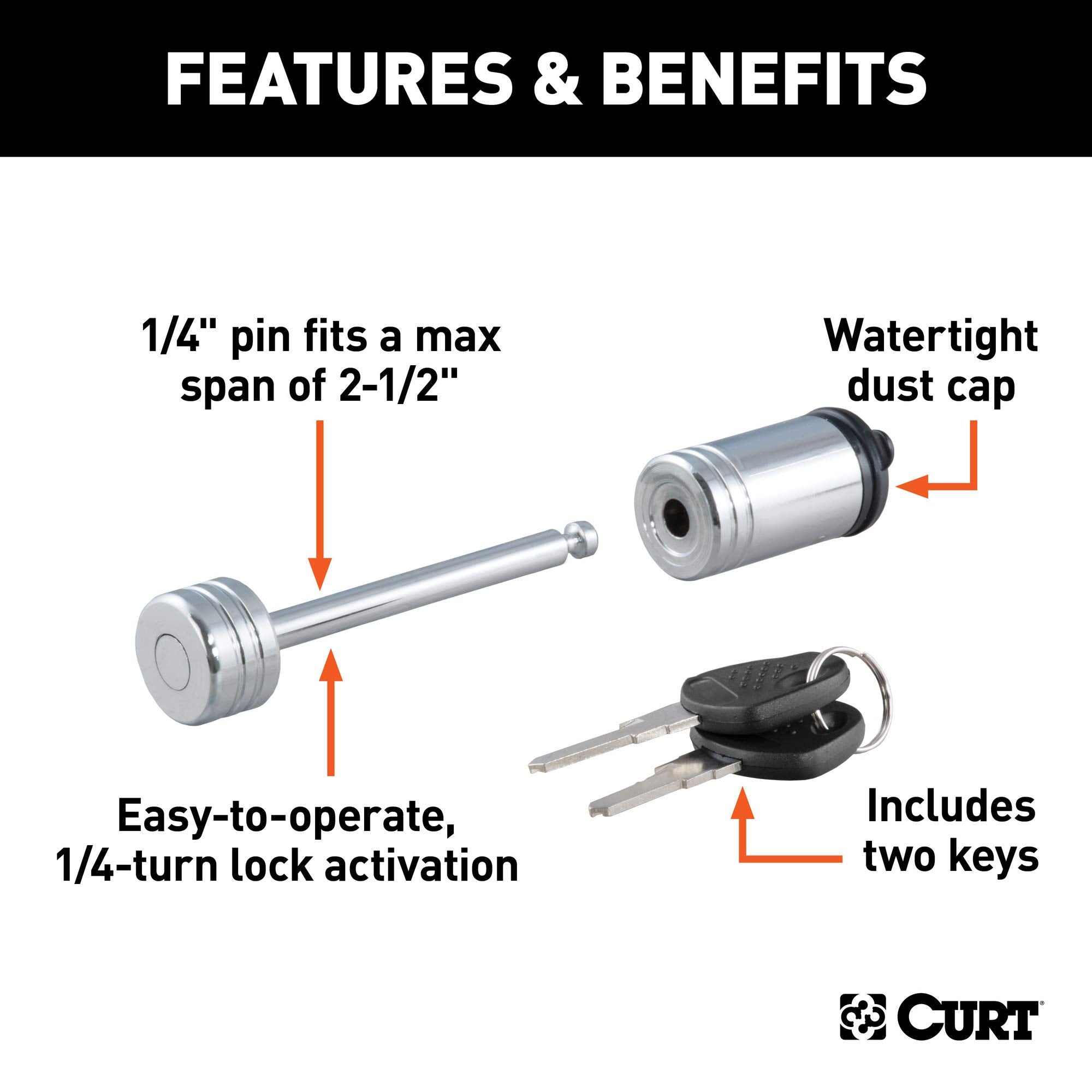 CURT Chrome Trailer Tongue Coupler Lock, 1/4-Inch Pin Diameter, Span Up to 2-1/2-Inch