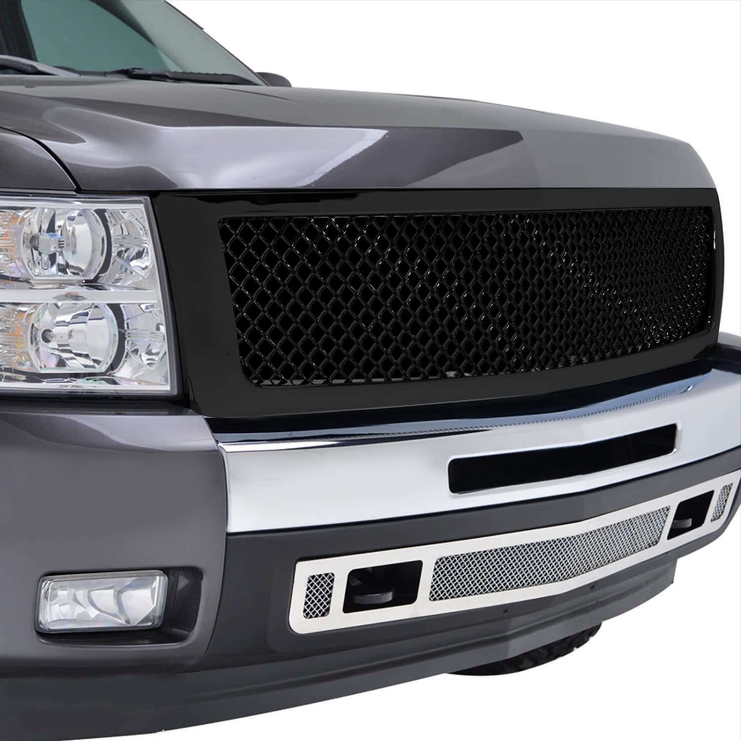 Glossy Black Spec-D Tuning Front Hood Grille 1PC Compatible with 2007-2013 Chevy Silverado 1500
