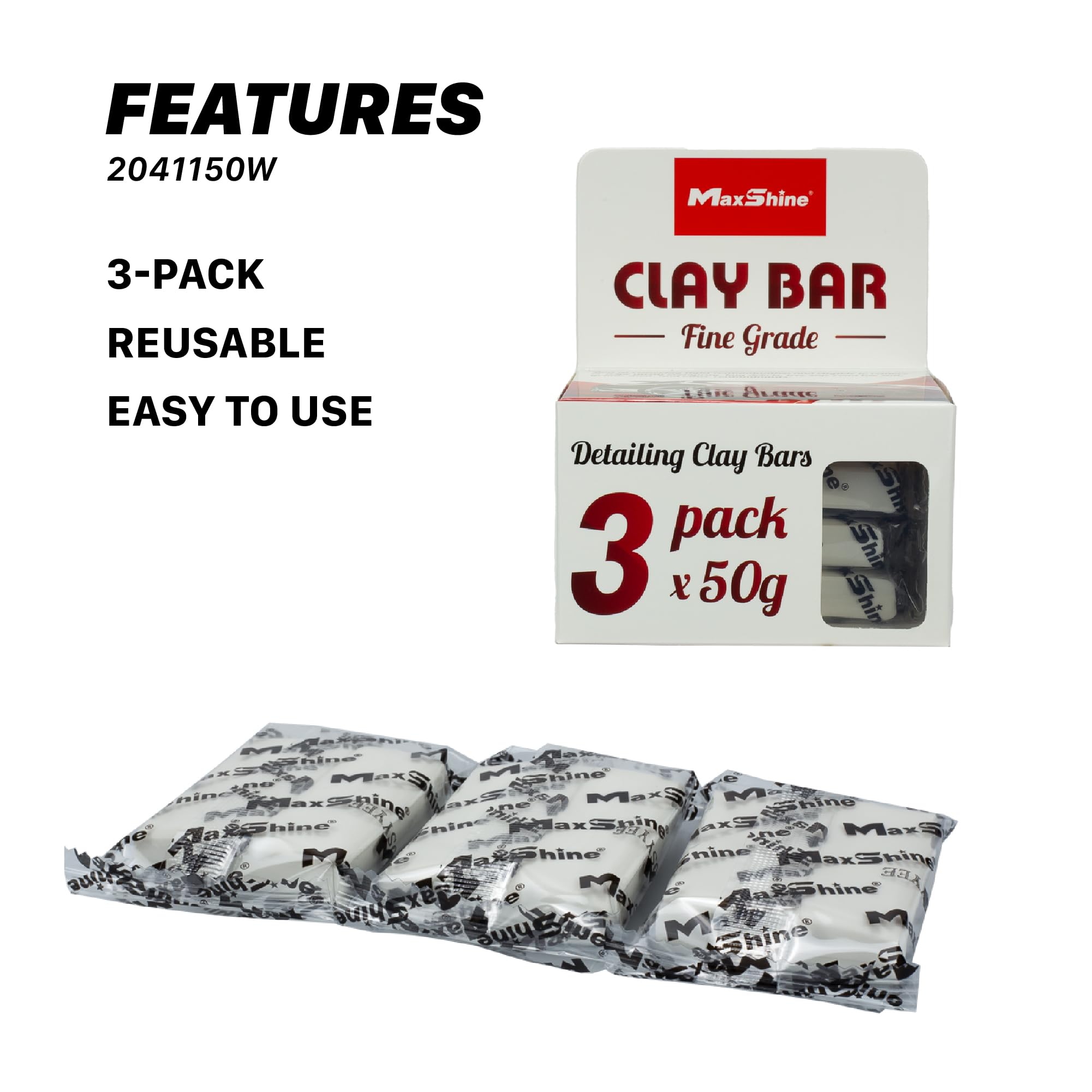 3-Pack Maxshine Magic Clay Bar (50g Each) – Fine Grade Clay for Car Detailing – Removes Surface Contaminants from Paint, Glass, Plastic & Metal – Reusable Clay for Auto & Boat Detailing
