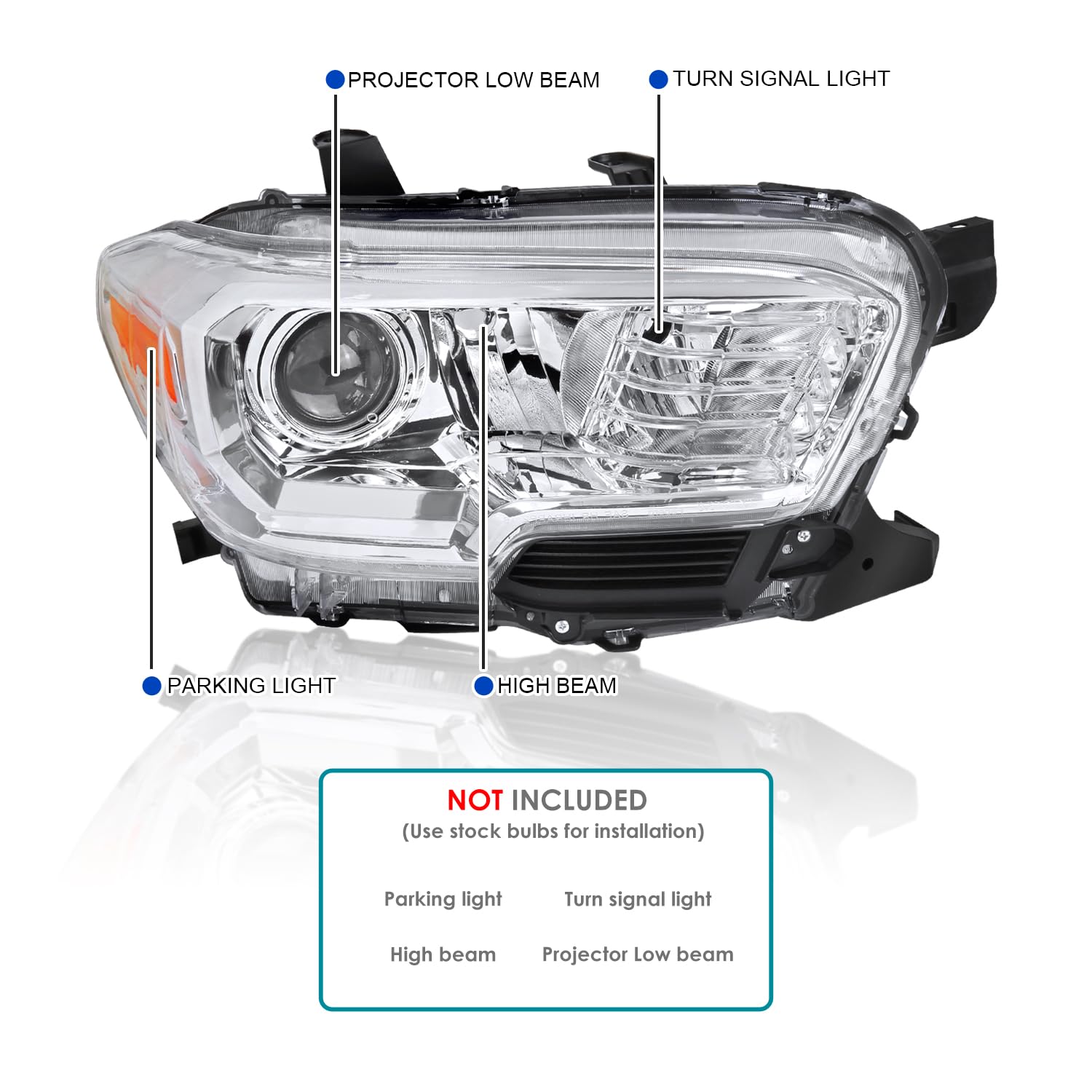 Left Driver Side SPEC-D TUNING Chrome Projector Headlight Compatible with 2016-2022 Toyota Tacoma with factory LED daytime running lights