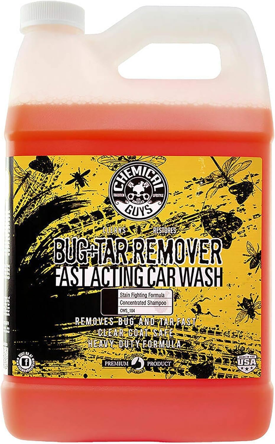 Chemical Guys Bug & Tar Wash Heavy Duty Remover Bug, Tar, Grime, Tree Sap & Bird Dropping - Safe for Paint, Glass, Chrome, Plastic & All Exterior Surfaces (128 oz/1 Gal) CWS_104