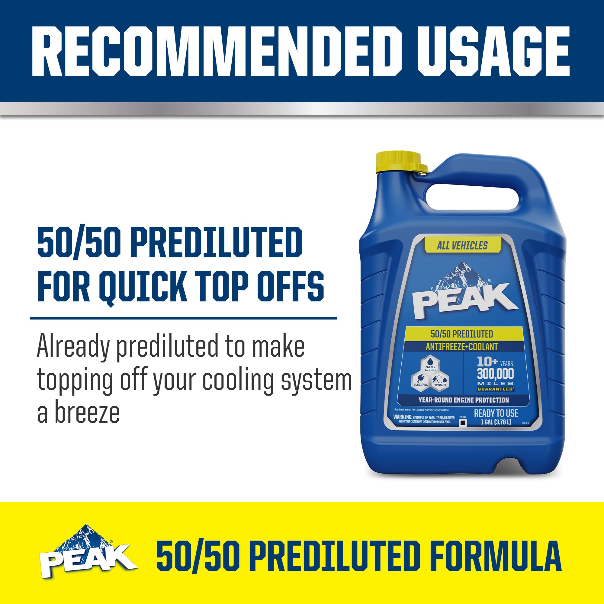 All Vehicles PEAK 50/50 Prediluted Antifreeze and Coolant for All Engine Cooling Systems, Long-Lasting Yellow Engine Coolant/Antifreeze for Year-Round Engine Protection, 1 Gal.