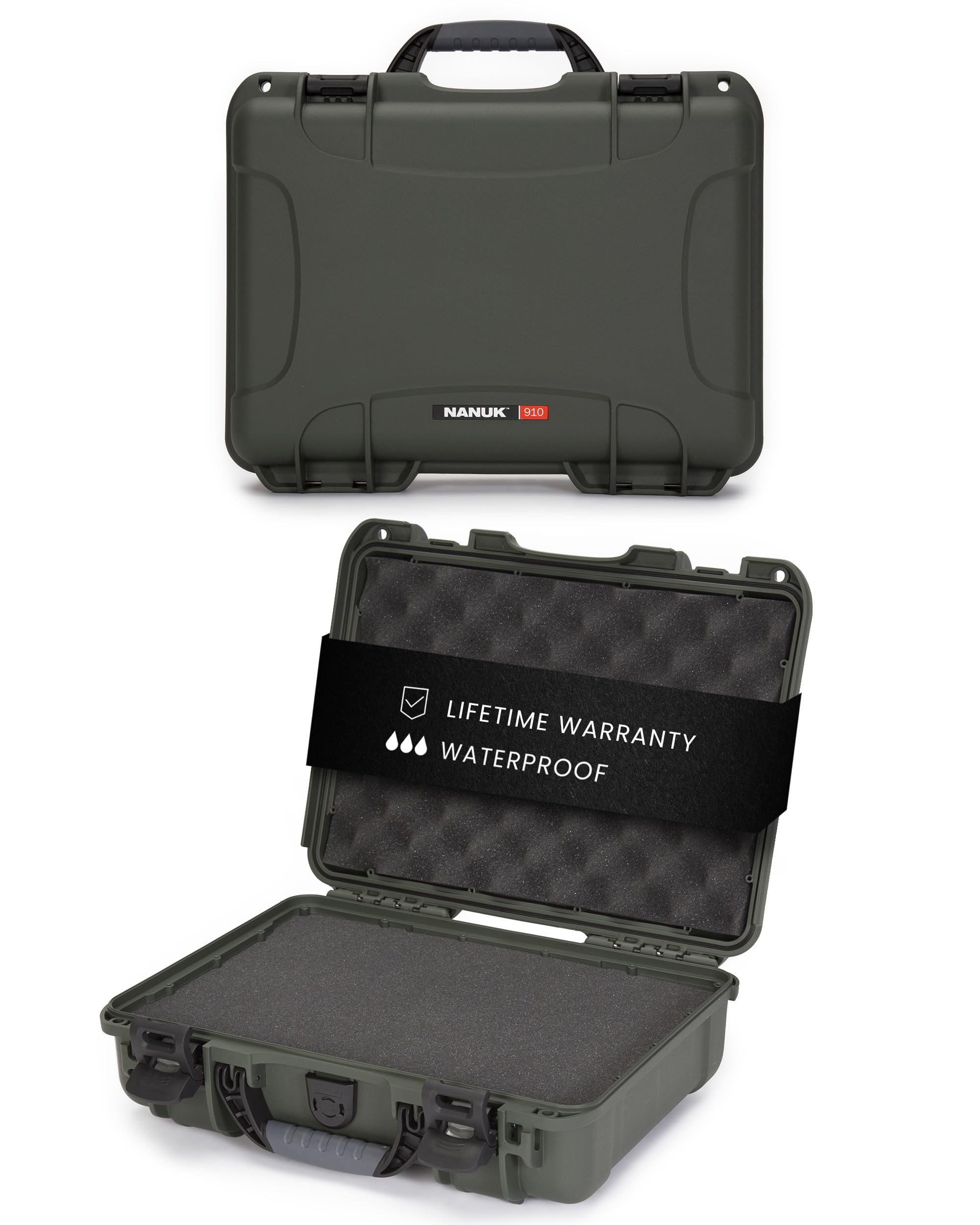 NANUK Hard Case 910 with Customizable Cubed Foam, IP67 Waterproof & Crushproof, Rugged Construction for Ultimate Protection, Made in North America – Olive (14.3” x 11.1” x 4.7”)