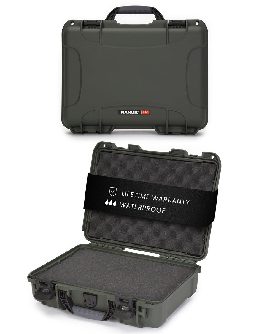 NANUK Hard Case 910 with Customizable Cubed Foam, IP67 Waterproof & Crushproof, Rugged Construction for Ultimate Protection, Made in North America – Olive (14.3” x 11.1” x 4.7”)